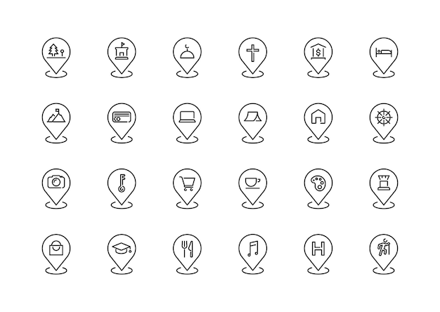 collection d'icônes de cartes simples à épingles à lignes minces, de traits modifiables, de localisation et d'emplacement, d'icône de jeu, d'illustrations d'iconiques vectorielles isolées sur fond blanc, de marques vectorielles pour les applications mobiles et les sites Web.
