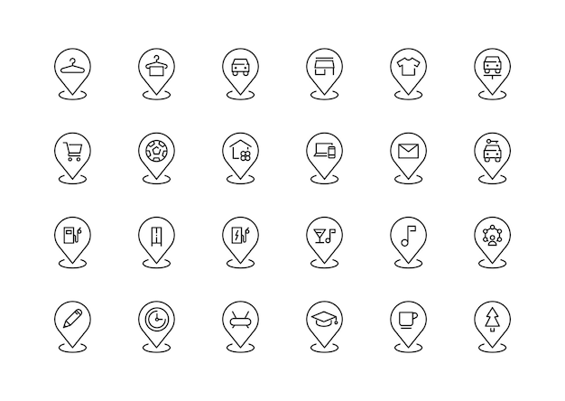 collection d'icônes de cartes simples à épingles à lignes minces, de traits modifiables, de localisation et d'emplacement, d'icône de jeu, d'illustrations d'iconiques vectorielles isolées sur fond blanc, de marques vectorielles pour les applications mobiles et les sites Web.