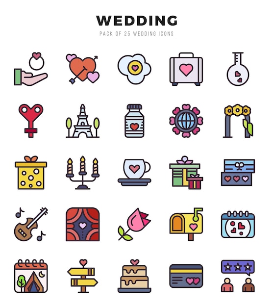 Collection d'icônes de couleur de mariage linéaire 25 jeux d'icône illustration vectorielle