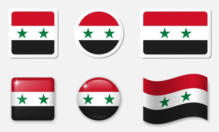 Vecteur collection d'icônes du drapeau de la syrie étiquettes et éléments vectoriels en verre 3d fond blanc avec ombre