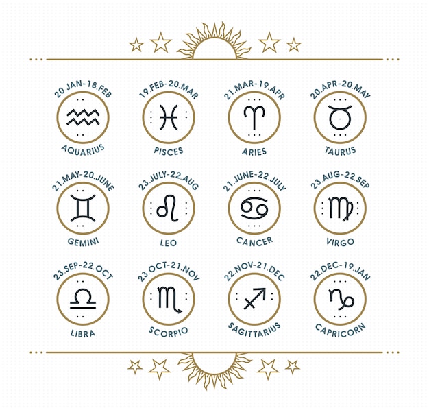 Vecteur collection d'icônes du zodiaque. ensemble de symboles sacrés. éléments de style vintage du but de l'horoscope et de l'astrologie. signes de fine ligne sur fond pointillé clair. collection.