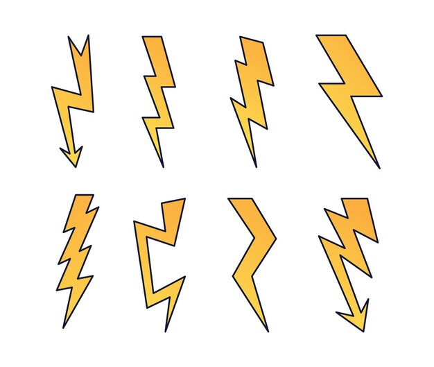 Vecteur collection d'icônes avec des éclairs, des autocollants de gradient colorés avec des fermetures éclair de différentes formes.