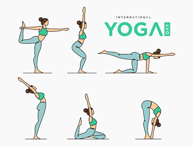 Vecteur collection d'icônes d'exercices de yoga pour femmes dessinées à la main