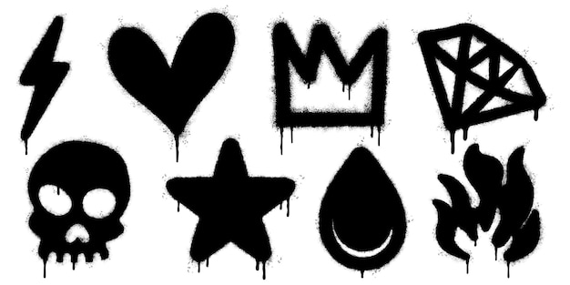 collection d'icônes de graffitis à peinture noire, y compris la foudre, le cœur, la couronne, le diamant, le crâne, la goutte d'étoile et la flamme
