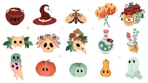 Une collection d'icônes d'halloween comprenant des citrouilles, des citrouilles et une citrouille.