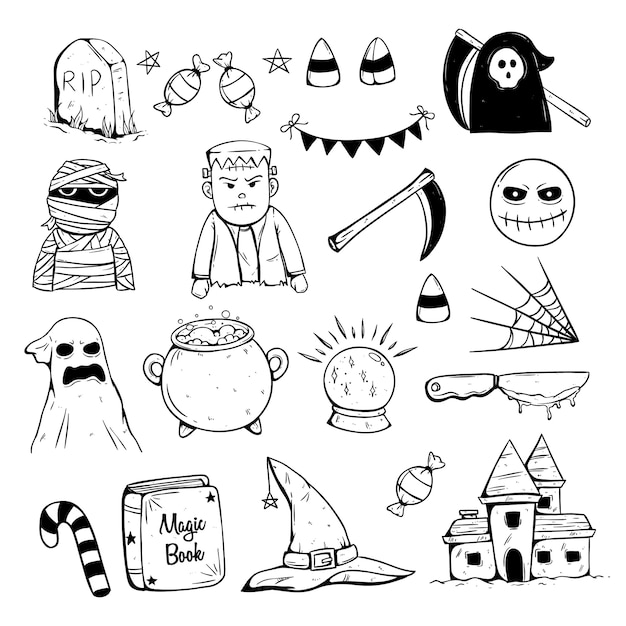 Vecteur collection d'icônes d'halloween avec style doodle ou croquis