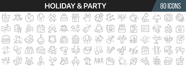 Collection d'icônes de ligne de vacances et de fête Grande icône d'interface utilisateur définie dans un design plat Pack d'icônes de contour mince Illustration vectorielle EPS10