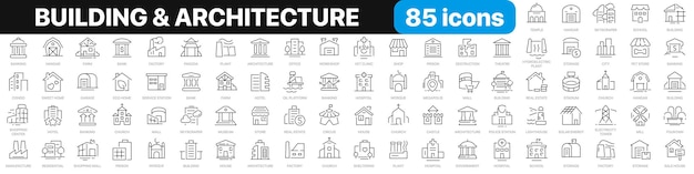 Collection D'icônes De Lignes De Bâtiments Et D'architecture Banque, Temple, Bureau, Usine, Magasin, Hôtel, Hôpital, Icônes D'interface Utilisateur