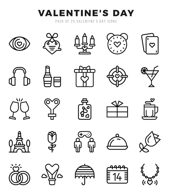 Collection d'icônes linéaires du 25e jour de la Saint-Valentin