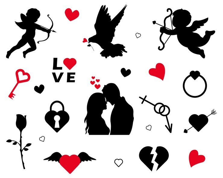 Vecteur collection d'icônes de la saint-valentin.silhouette noire et rouge.ensemble d'éléments de conception avec cupidon, entendre