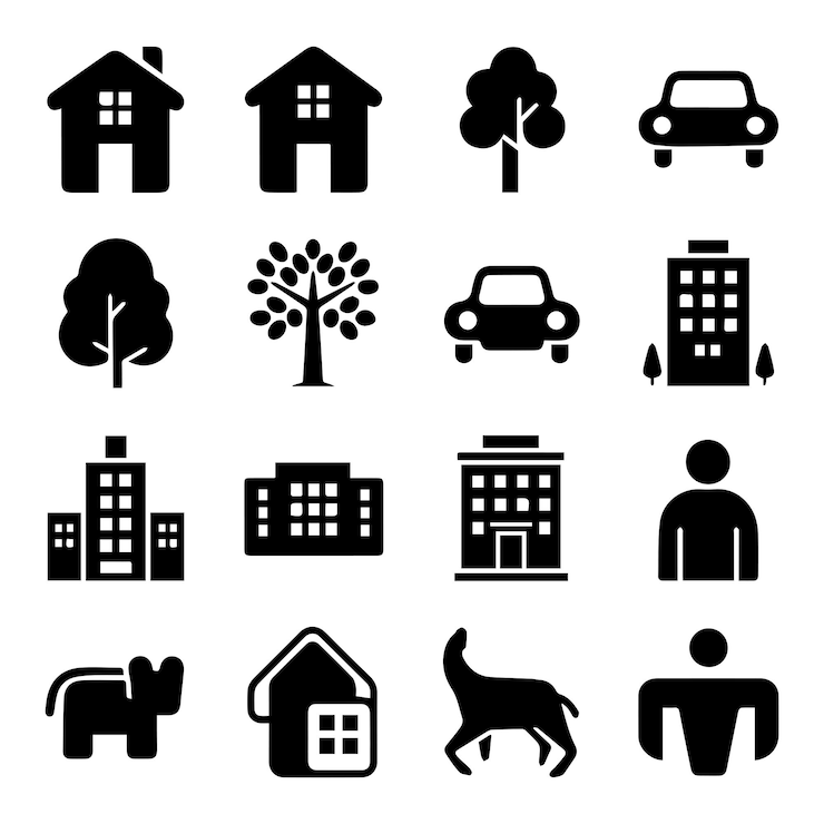 Vecteur collection d'icônes de silhouettes noires maisons voitures arbres foudre animaux cœurs et symboles du soleil