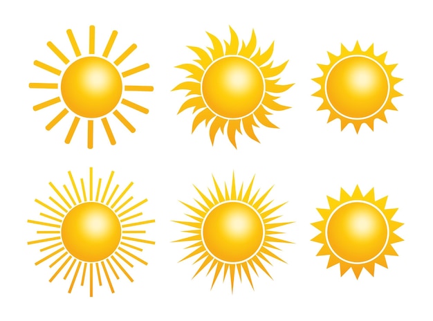Collection d'icônes de soleil plat jaune sur fond blanc Illustration de dessin animé plane vectorielle