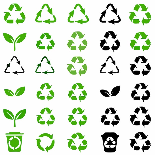 une collection d'icônes vertes et noires avec un logo de recyclage vert