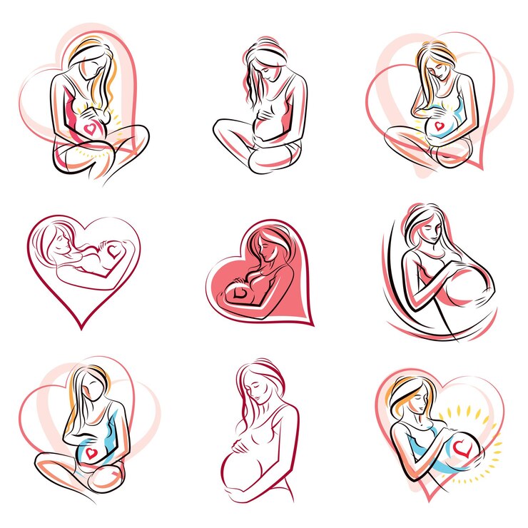 Vecteur collection d'illustration vectorielle dessinée à la main d'une femme élégante enceinte attendant bébé, croquis. thème d'amour et de caresses.