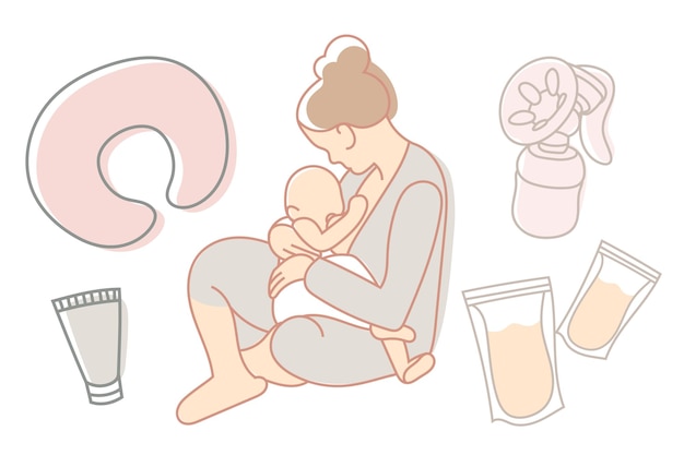 Collection D'illustrations D'allaitement Maternel, Mère Nourrissant Un Bébé, Tire-lait, Récipient à Lait. Vecteur.