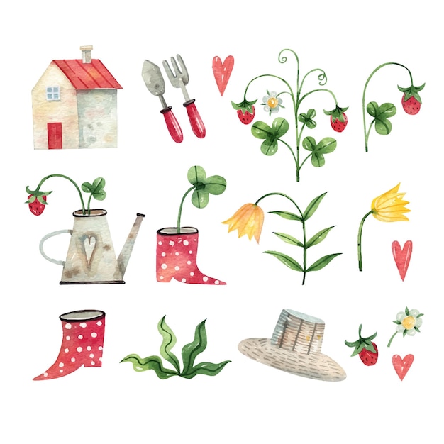 Collection D'illustrations à L'aquarelle D'outils De Jardinage Fraise Maison Bottes Fleurs