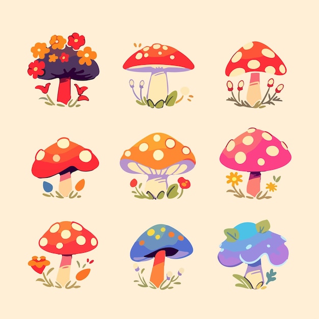 Collection d'illustrations de champignons de dessin animé coloré mignon kawaii