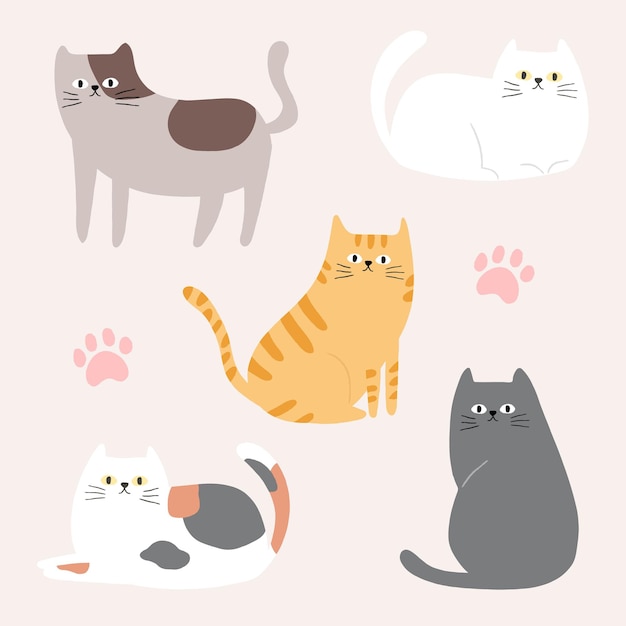 Collection D'illustrations Dessinées à La Main De Chats Mignons Dans Diverses Poses