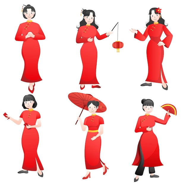 Vecteur collection d'illustrations féminines pour la célébration du nouvel an chinois