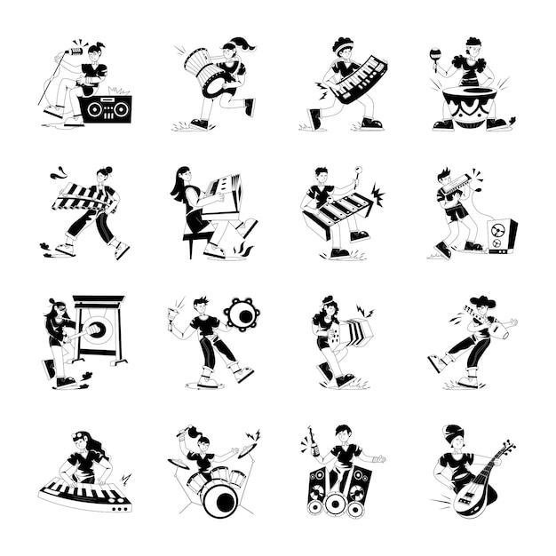 Vecteur collection d'illustrations de glyphes de joueurs d'instruments