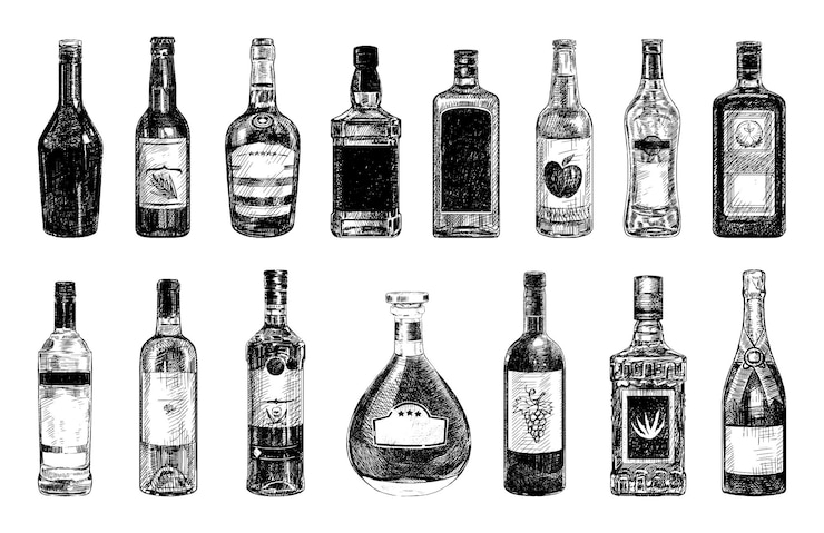Vecteur collection d'illustrations monochromes de boissons alcoolisées