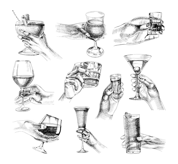 Vecteur collection d'illustrations monochromes de mains tenant de l'alcool