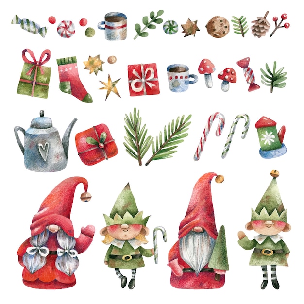 Collection d'illustrations de Noël, personnages de contes de fées, cadeaux, bonbons, choses d'hiver. Gnomes,