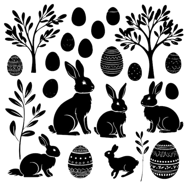 Vecteur une collection d'illustrations en noir et blanc du lapin de pâques et des œufs