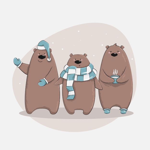 Vecteur collection d'illustrations d'ours de noël joyeux noël d'ours mignon avec des accessoires comme un bonnet tricoté, des chandails, des écharpes