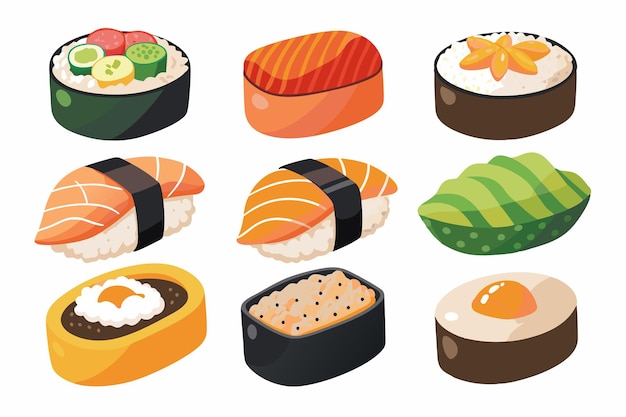 une collection d'illustrations de sushis et de sushis, y compris des sushis