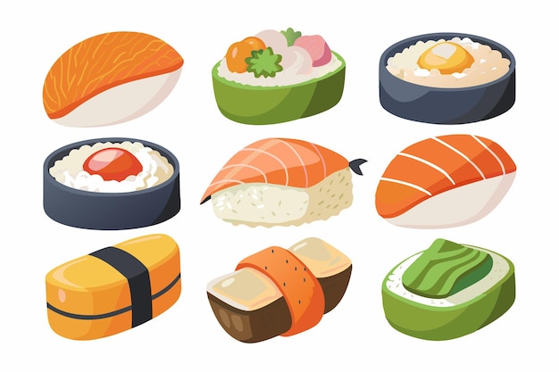 une collection d'illustrations de sushis et de sushis, y compris des sushis