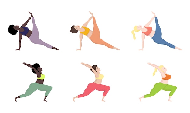 Collection d'illustrations vectorielles avec heureux de femme surdimensionnée en position de yoga Sport et santé du corps