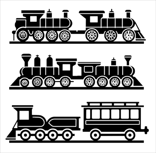 Vecteur collection d'illustrations vectorielles en noir et blanc de la silhouette d'un train de locomotive