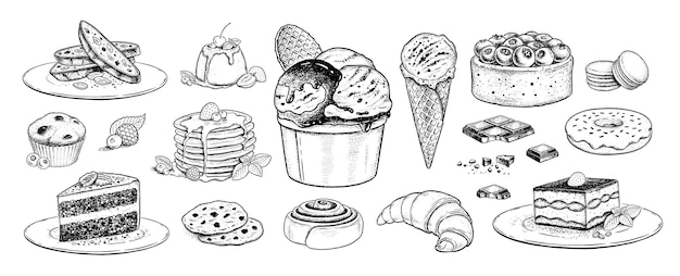 Vecteur collection d'illustrations vectorielles sommaires de desserts et de plats sucrés