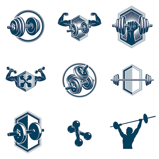 Collection d'illustrations vectorielles sur le thème de l'haltérophilie réalisée à l'aide d'haltères, d'haltères et d'équipements de sport de poids à disque. Homme fort corps parfait.