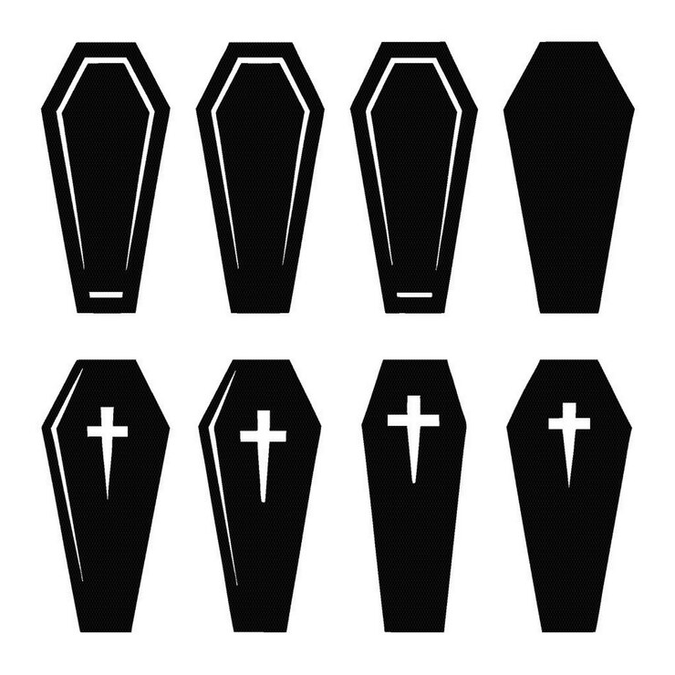 Vecteur une collection d'images en noir et blanc d'un cercueil avec une croix au milieu