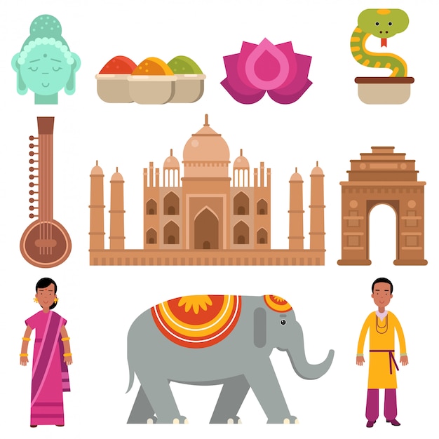 Collection Inde sertie de symboles traditionnels du pays, voyage en Inde, signes de la culture indienne traditionnelle Illustration