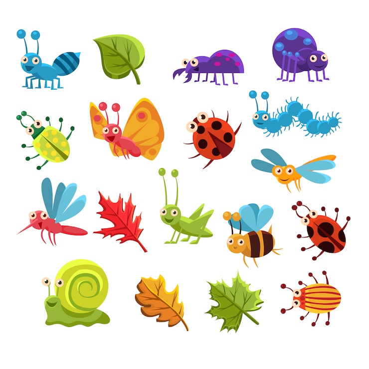Vecteur collection d'insectes et de feuilles