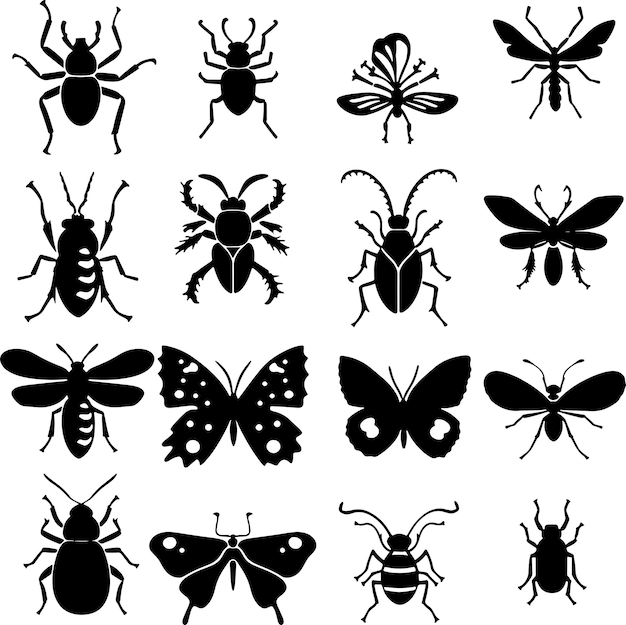 collection d'insectes illustration vectorielle de silhouette en noir et blanc