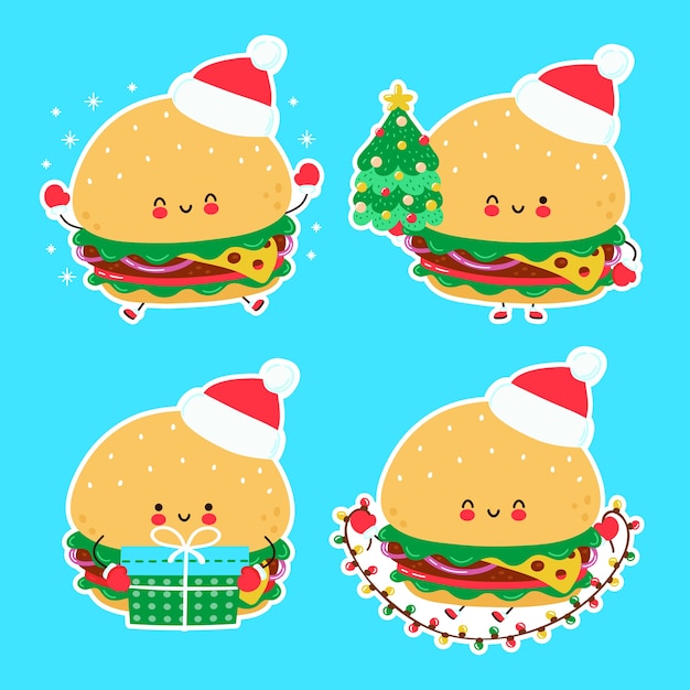 Collection De Jeu De Burger De Noël Drôle Heureux Mignon. Illustration De Style Dessiné à La Main De Personnage De Dessin Animé. Concept De Noël, Nouvel An