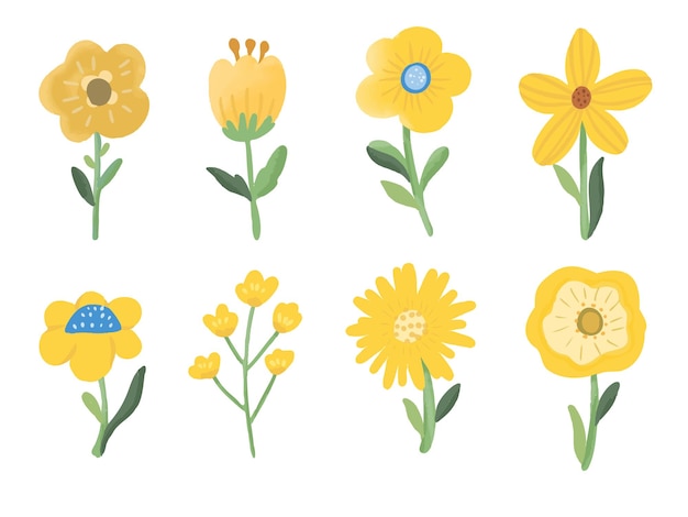 Vecteur collection de jeu de dessin main fleur vecteur aquarelle jaune