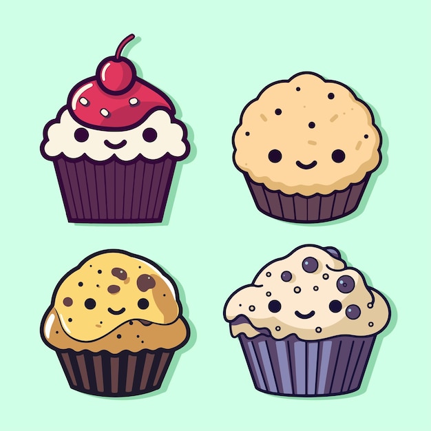 Collection de jeu d'illustrations d'emoji de dessin animé de cupcake de muffin mignon de vecteur