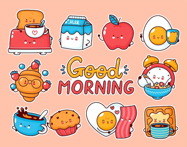 Collection De Jeu De Nourriture Mignon Petit Déjeuner Heureux. Autocollants De Personnage Kawaii De Dessin Animé.