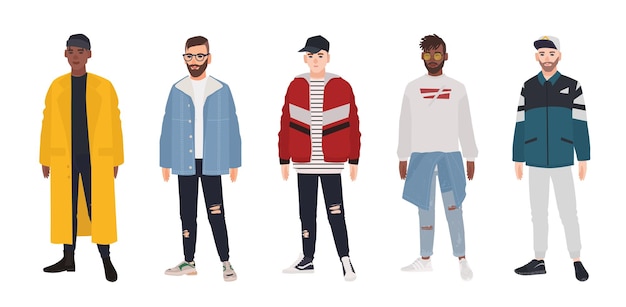 Collection De Jeunes Hommes Vêtus De Vêtements à La Mode Isolés Sur Fond Blanc. Ensemble De Gars Portant Des Vêtements à La Mode. Lot De Tenues Street Style. Illustration Vectorielle De Dessin Animé Plat Coloré.