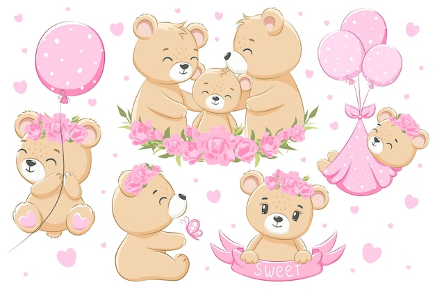 Une Collection De Jolies Familles D'ours, Pour Les Filles. Fleurs, Ballons Et Coeurs. Illustration Vectorielle De Dessin Animé.