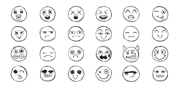 Collection de jolies icônes dessinées au crayon sur du papier, des visages souriants avec un effet grunge et des visages dessinés.