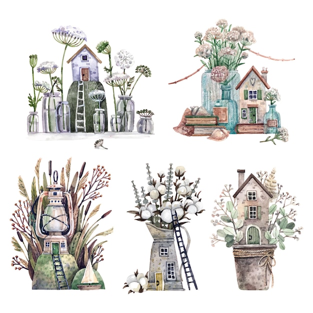 Collection de jolies maisons de fées avec des illustrations à l'aquarelle de jardins de fleurs dans un style vintage. Rural