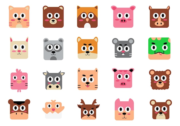 Une collection de jolis visages d'animaux carrés