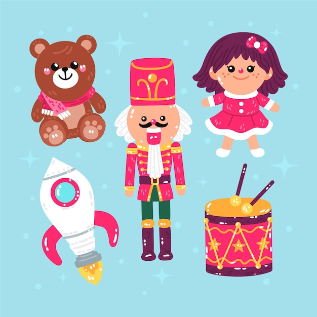 Collection de jouets de noël plats dessinés à la main