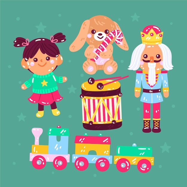 Collection de jouets de noël plats dessinés à la main